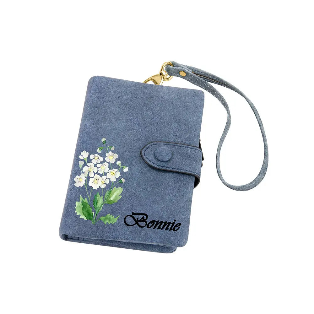 Coloured Birth Flower Leather Personalised Name Wallet with Wrist Strap