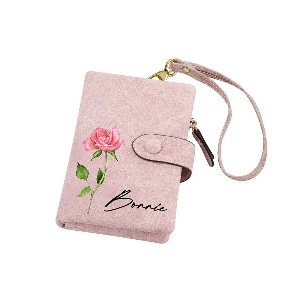 Coloured Birth Flower Leather Personalised Name Wallet with Wrist Strap