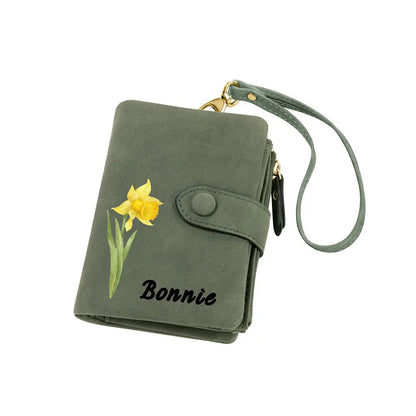 Coloured Birth Flower Leather Personalised Name Wallet with Wrist Strap