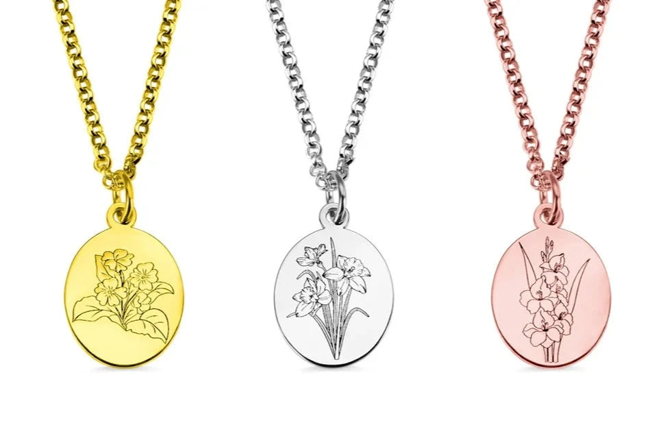 Personalised Birth Flower Engraved Necklace