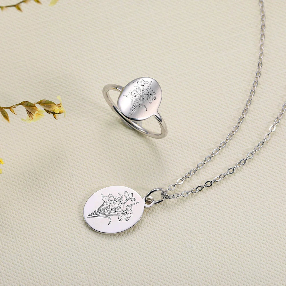 Personalised Birth Flower Engraved Necklace