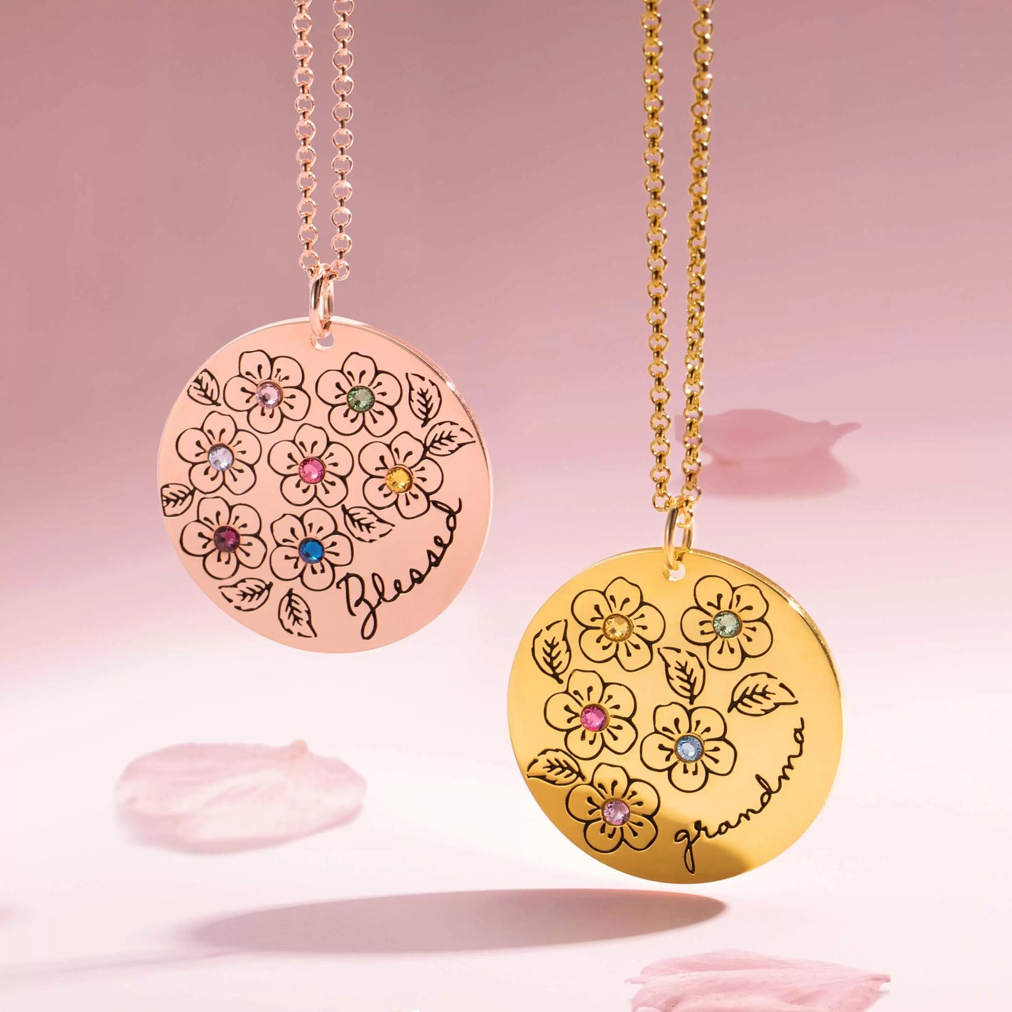 Personalised Flowers & Birthstones Necklace