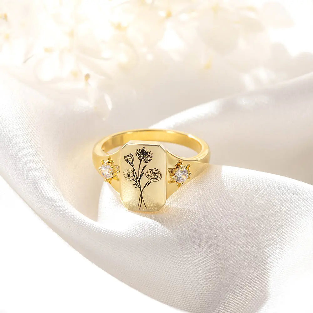 Personalised Birth Flower Bouquet Zircon Ring