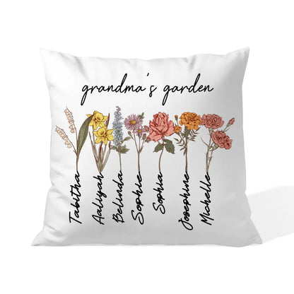 Personalised Grandma's Garden Pillow Cover Case with Grandkids Names & Birth flowers