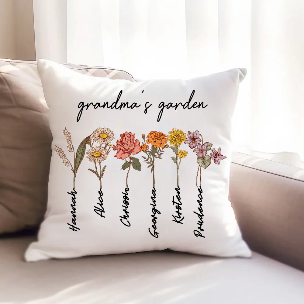 Personalised Grandma's Garden Pillow Cover Case with Grandkids Names & Birth flowers