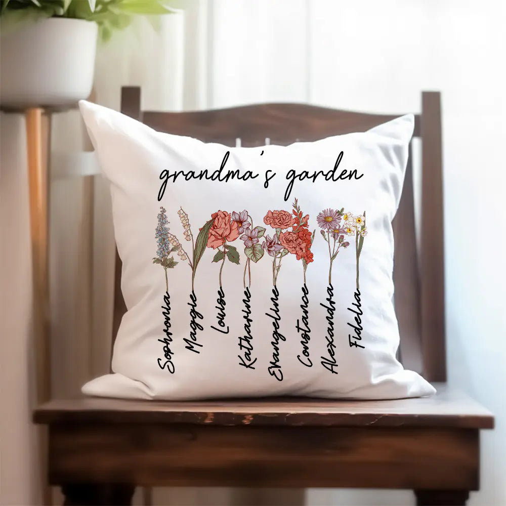 Personalised Grandma's Garden Pillow Cover Case with Grandkids Names & Birth flowers