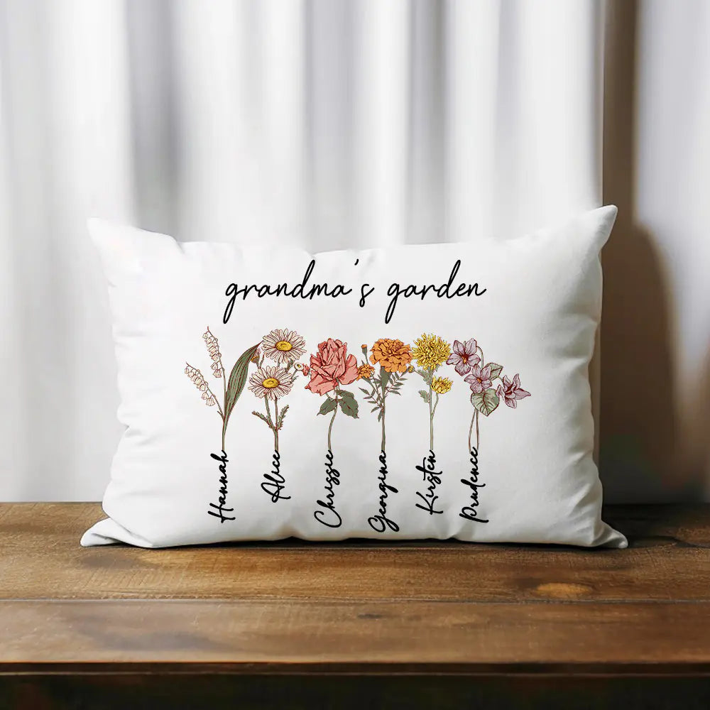 Personalised Grandma's Garden Pillow Cover Case with Grandkids Names & Birth flowers