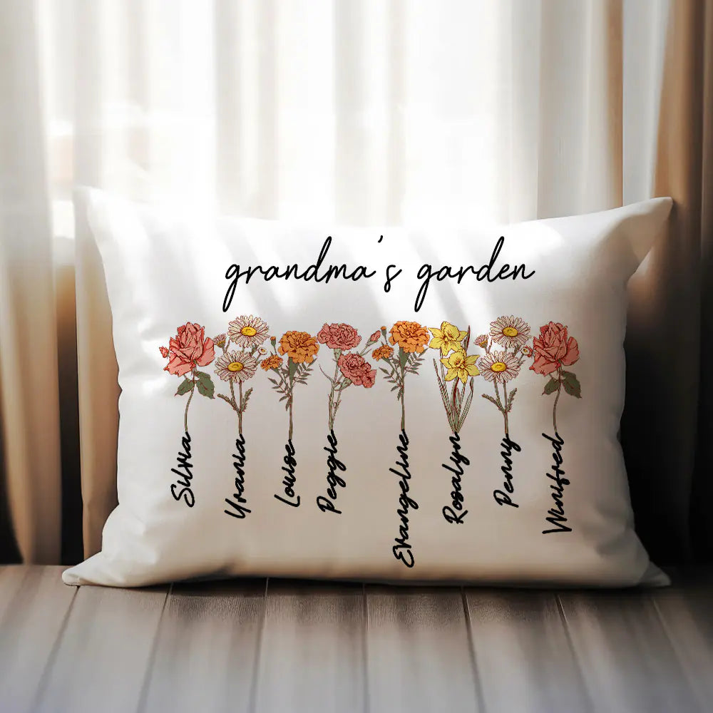 Personalised Grandma's Garden Pillow Cover Case with Grandkids Names & Birth flowers