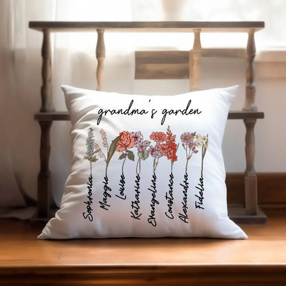 Personalised Grandma's Garden Pillow Cover Case with Grandkids Names & Birth flowers