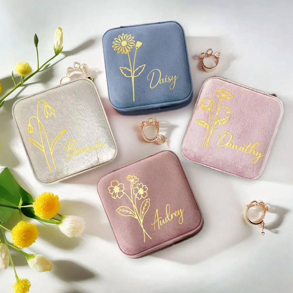 Velvet Birth Flower Personalised Jewellery Box Case