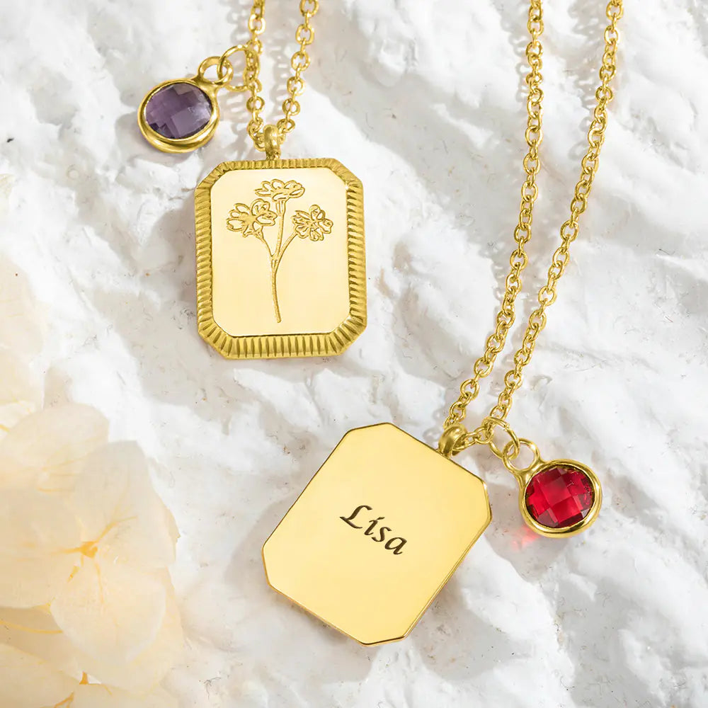 Personalised Gold Vintage Birth Flower & Birthstone Necklace