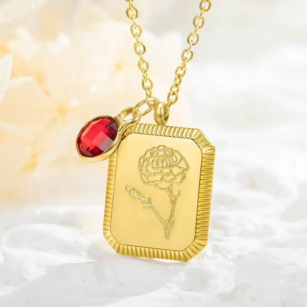 Personalised Gold Vintage Birth Flower & Birthstone Necklace