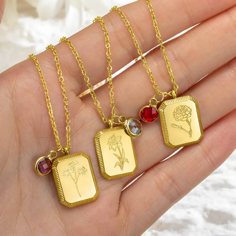 Personalised Gold Vintage Birth Flower & Birthstone Necklace