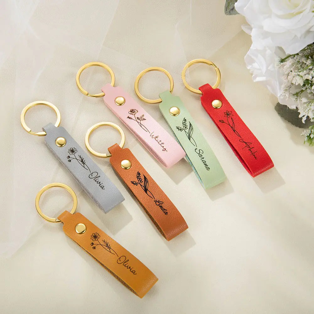 Personalised Birth Flower Name Keyring Strap