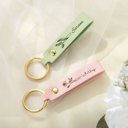 Personalised Birth Flower Name Keyring Strap