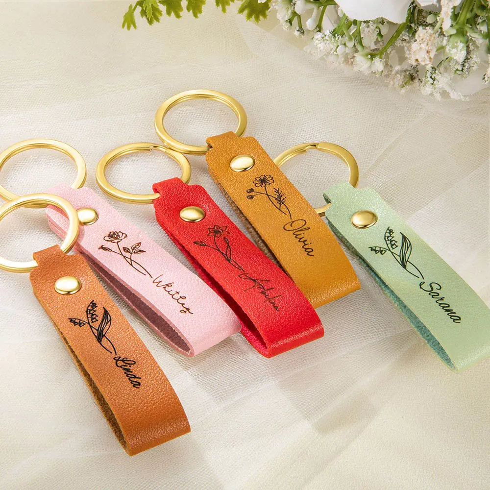 Personalised Birth Flower Name Keyring Strap