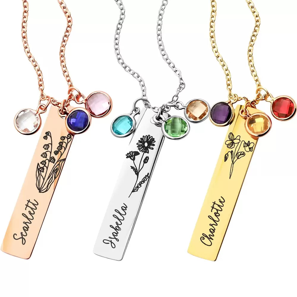 Personalised Vertical Bar Birth Flower Name & Birthstone Necklace