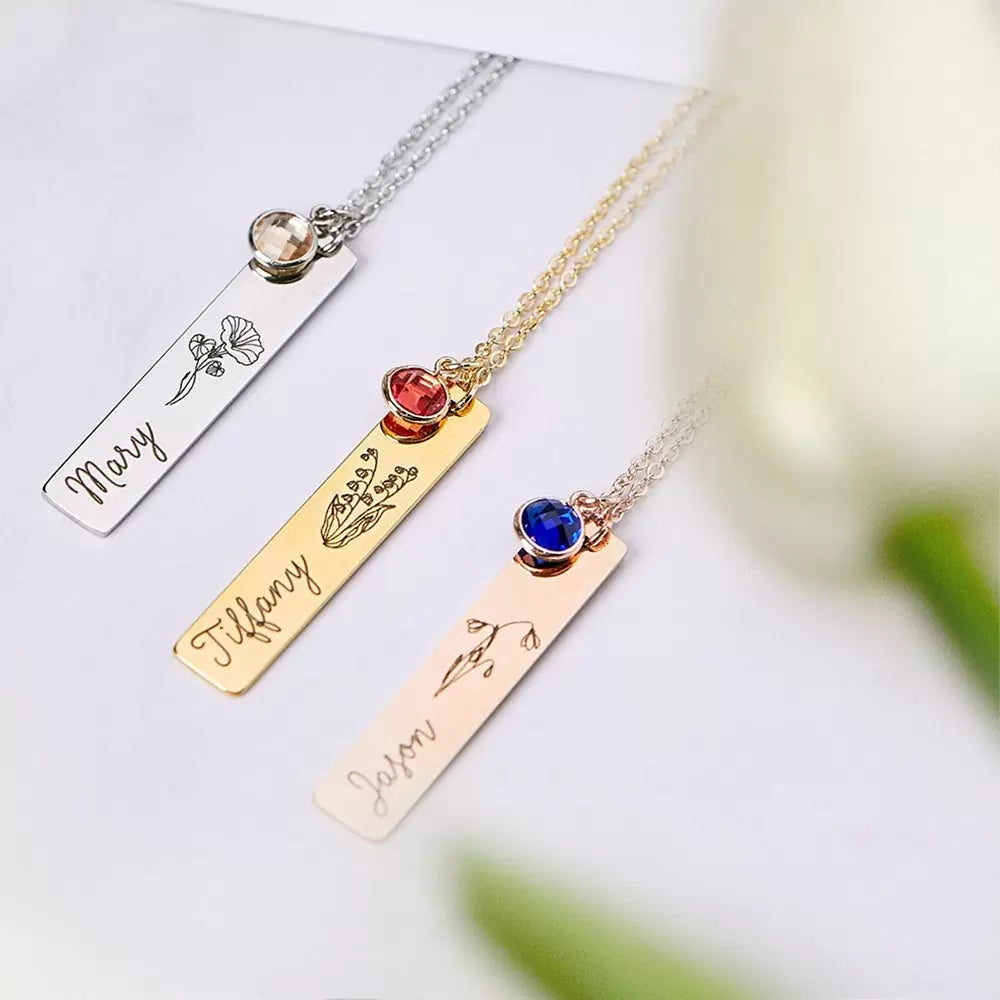 Personalised Vertical Bar Birth Flower Name & Birthstone Necklace