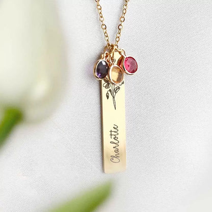 Personalised Vertical Bar Birth Flower Name & Birthstone Necklace