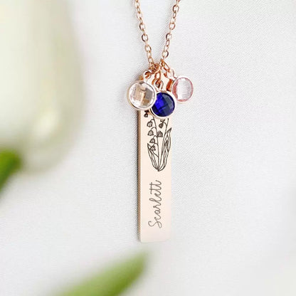 Personalised Vertical Bar Birth Flower Name & Birthstone Necklace