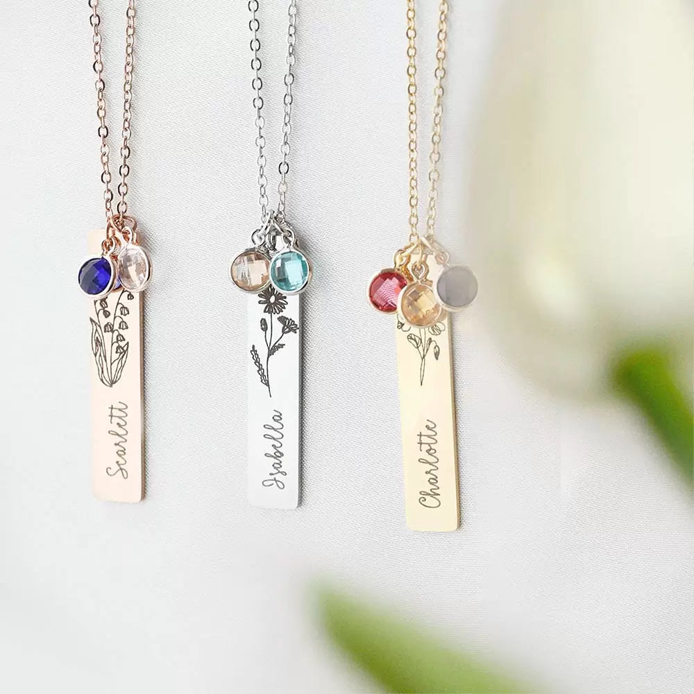 Personalised Vertical Bar Birth Flower Name & Birthstone Necklace