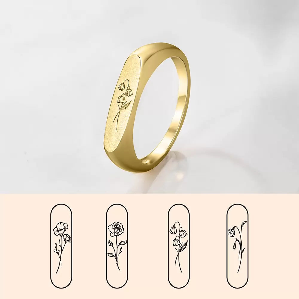 Personalised Birth Flower Signet Stack Ring