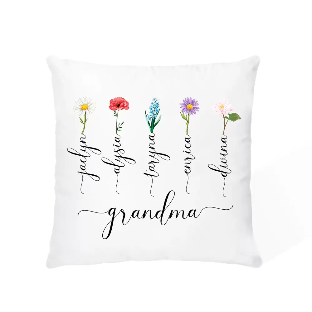 Personalised Names & Birth Flower Pillow Cover Case for Grandmothers/ Mums