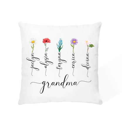 Personalised Names & Birth Flower Pillow Cover Case for Grandmothers/ Mums