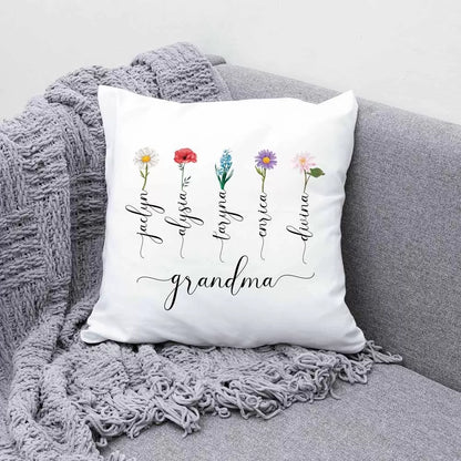 Personalised Names & Birth Flower Pillow Cover Case for Grandmothers/ Mums