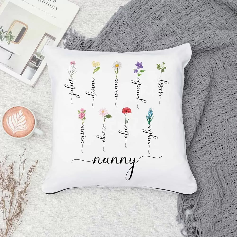 Personalised Names & Birth Flower Pillow Cover Case for Grandmothers/ Mums