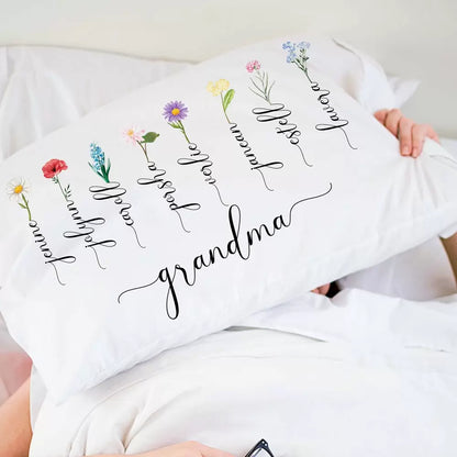 Personalised Names & Birth Flower Pillow Cover Case for Grandmothers/ Mums