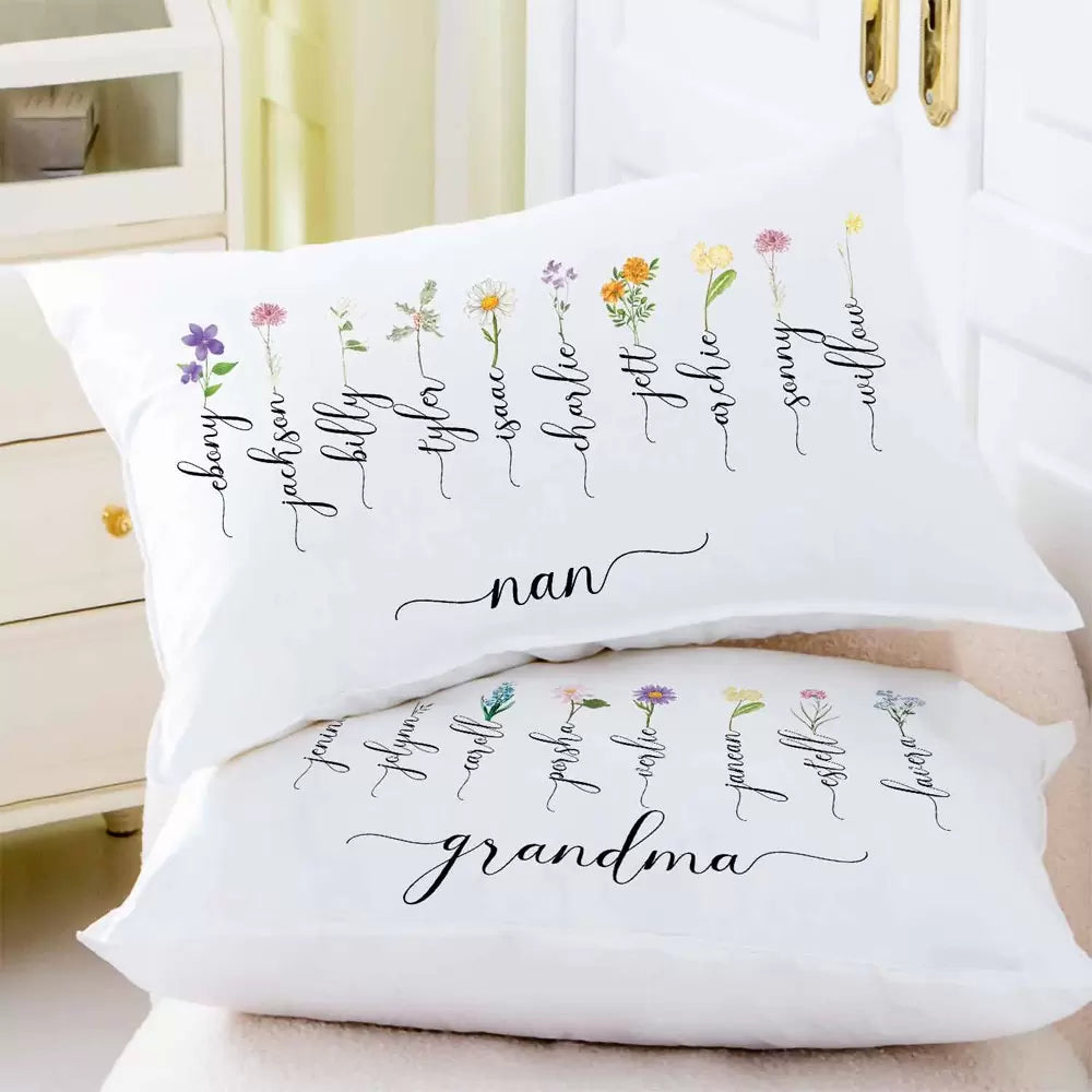 Personalised Names & Birth Flower Pillow Cover Case for Grandmothers/ Mums