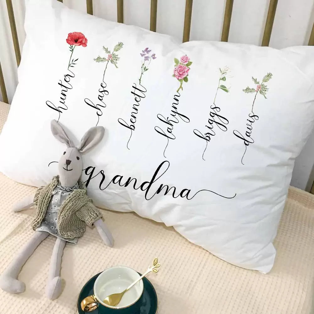 Personalised Names & Birth Flower Pillow Cover Case for Grandmothers/ Mums