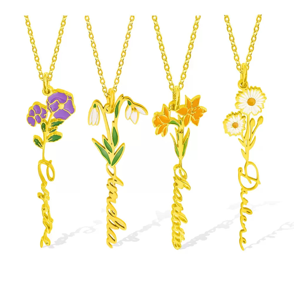 Personalised Coloured Birth Flower Name Necklace