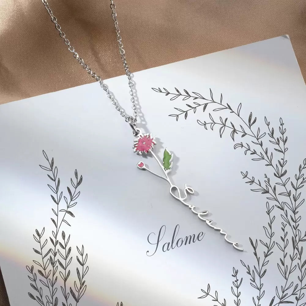 Personalised Coloured Birth Flower Name Necklace