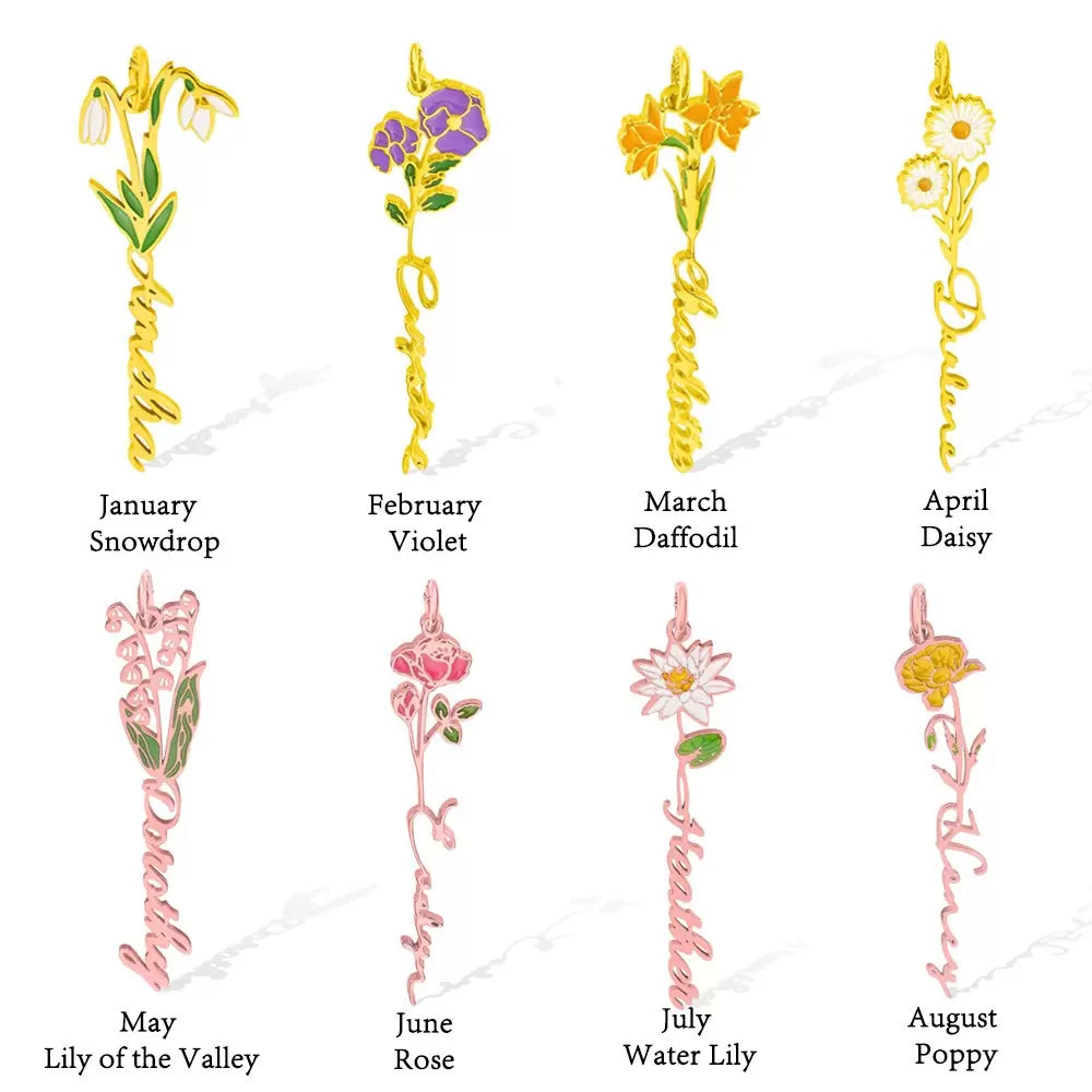 Personalised Coloured Birth Flower Name Necklace