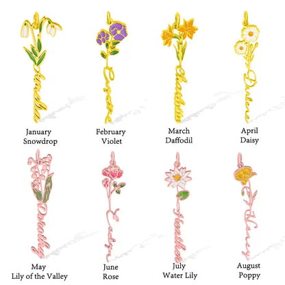 Personalised Coloured Birth Flower Name Necklace