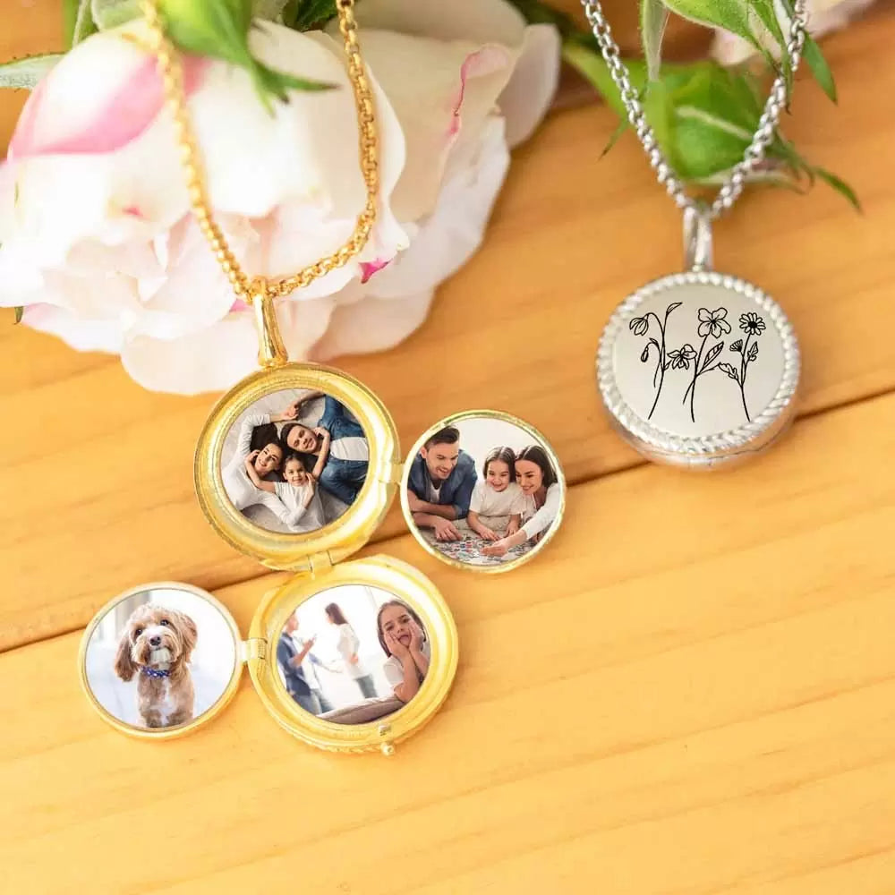 Personalised Birth Flowers Personalised 4 Photo Locket Necklace