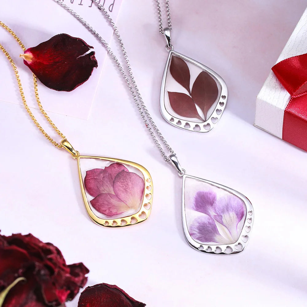 Drop Shape Dried Birth Flower Resin Personalised Necklace