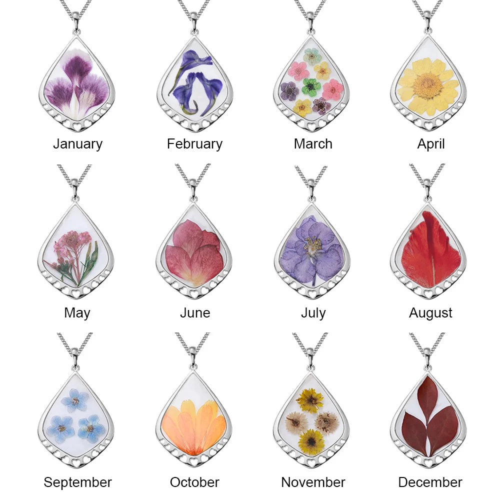 Drop Shape Dried Birth Flower Resin Personalised Necklace