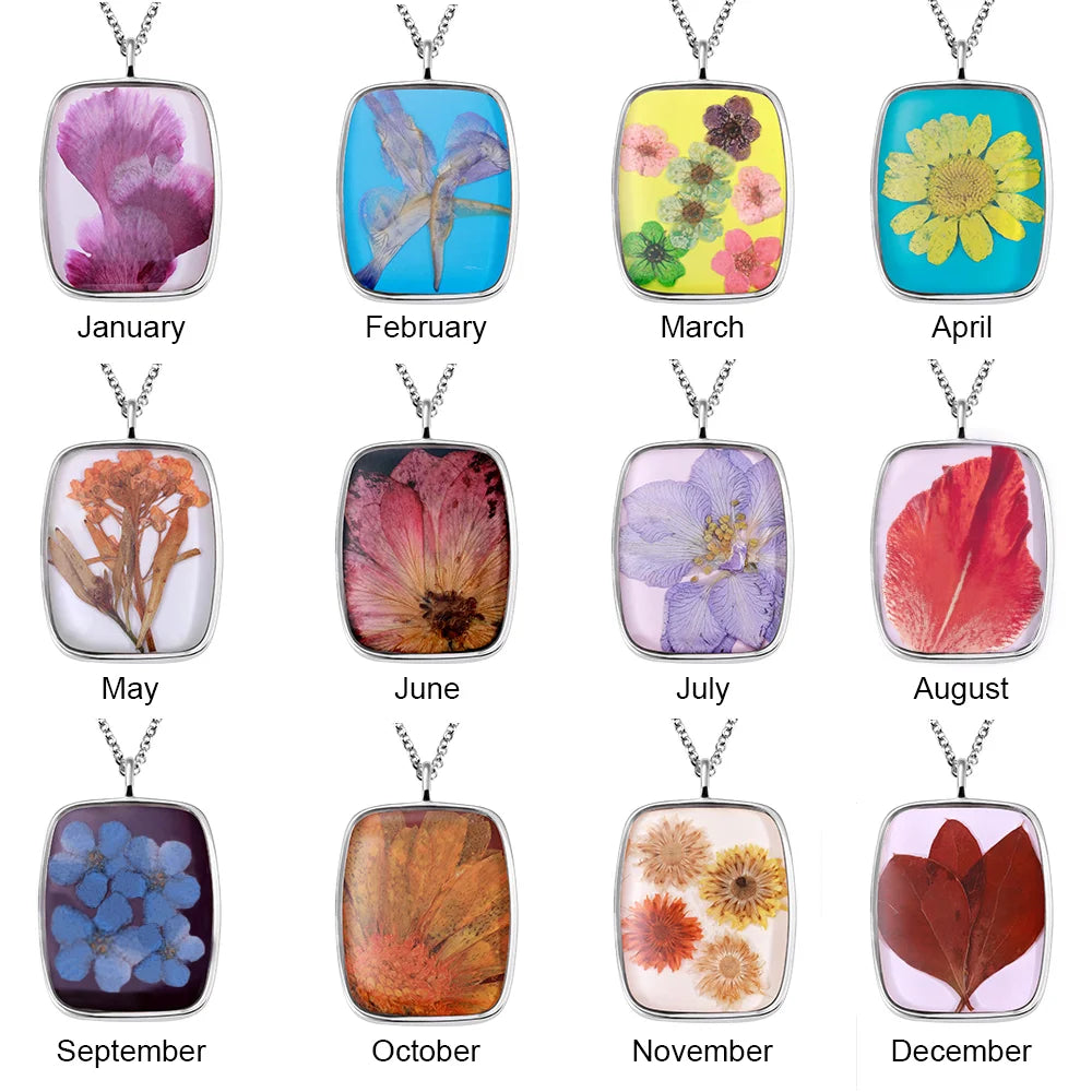 Dried Birth Flower Resin Personalised Necklace