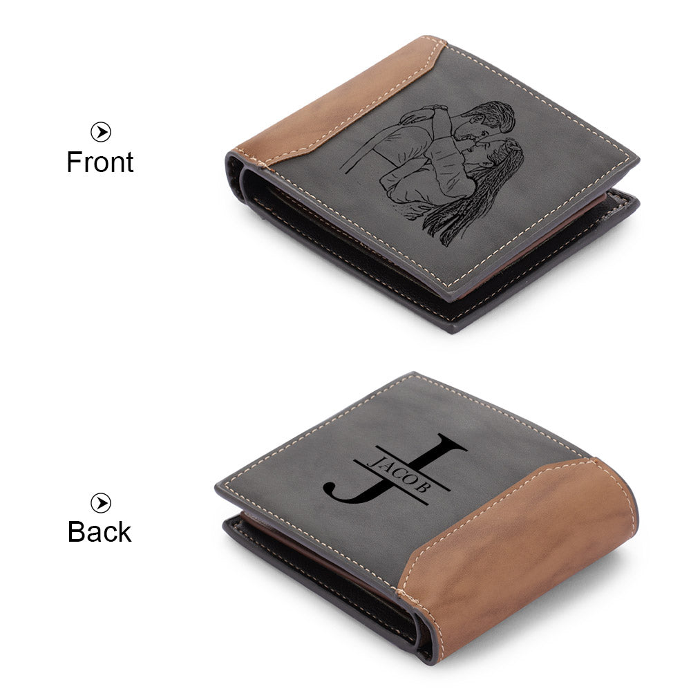 Men's Personalised Photo & Initial Engraved Dark Grey Leather Wallet