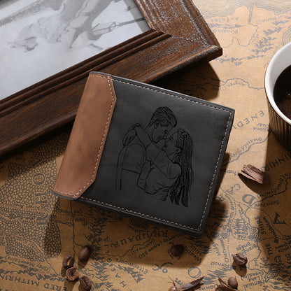 Men's Personalised Photo & Initial Engraved Dark Grey Leather Wallet