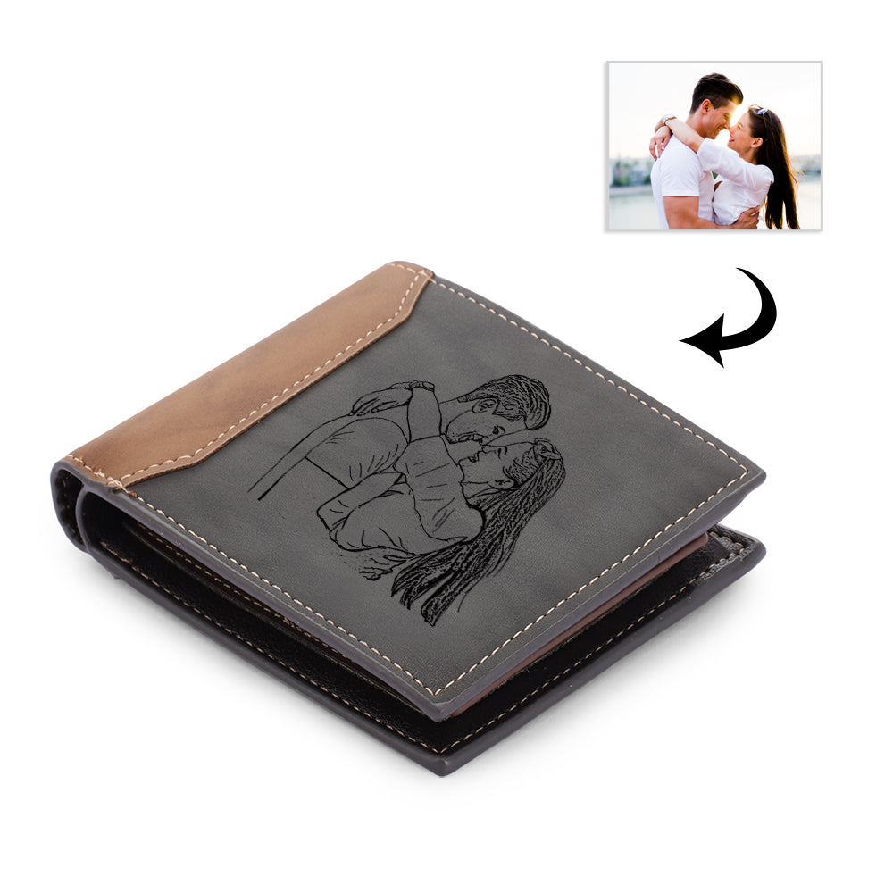 Men's Personalised Photo & Initial Engraved Dark Grey Leather Wallet