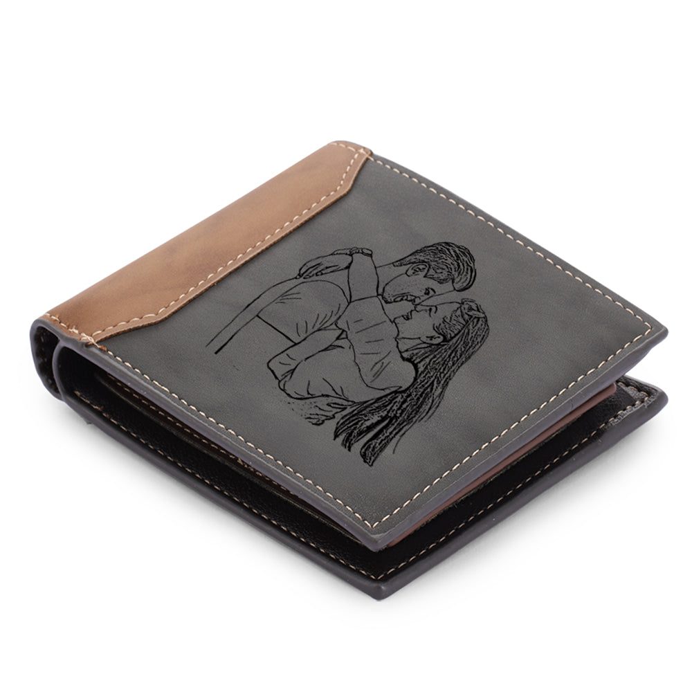 Men's Personalised Photo & Initial Engraved Dark Grey Leather Wallet