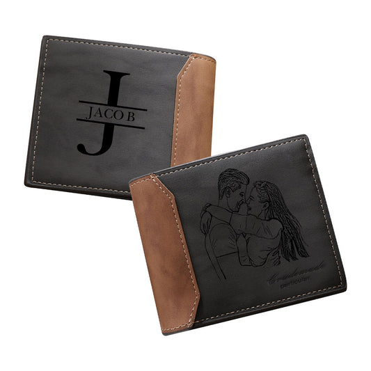 Men's Personalised Photo & Initial Engraved Dark Grey Leather Wallet