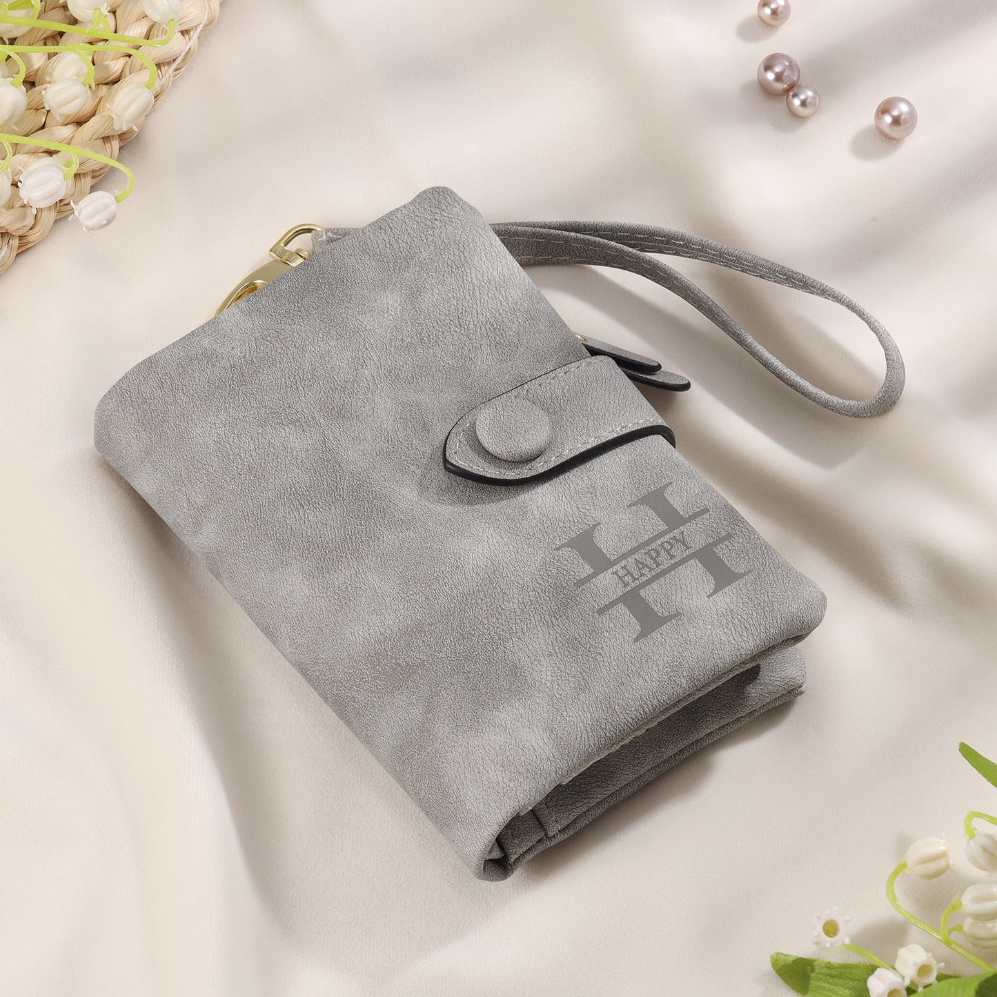 Ladies Personalised Grey Initial Name Wallet with Wrist Strap