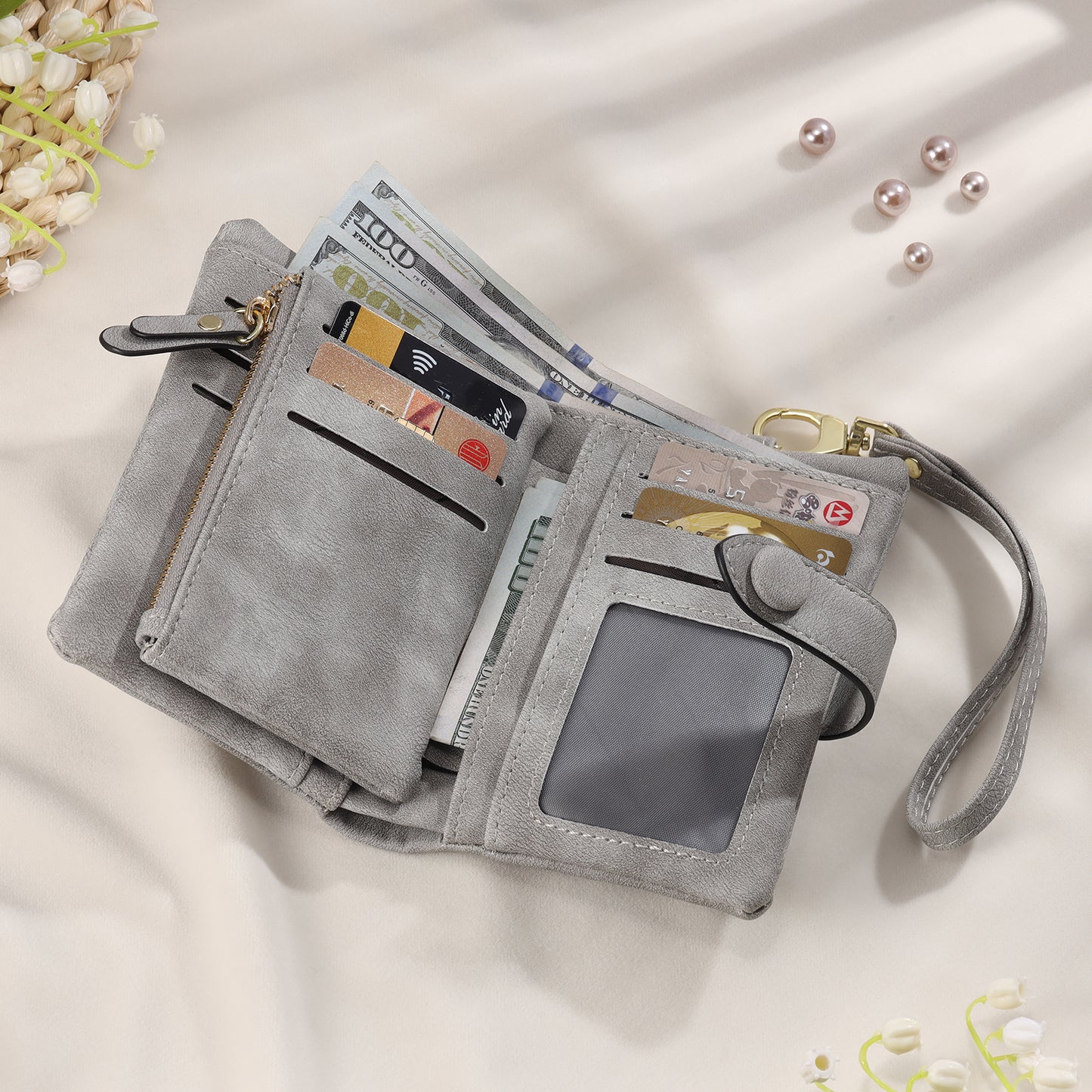 Ladies Personalised Grey Initial Name Wallet with Wrist Strap