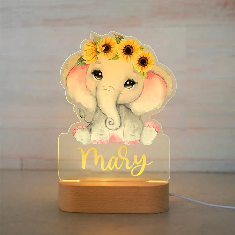 Personalised Floral Crown Baby Elephant Name Night Light