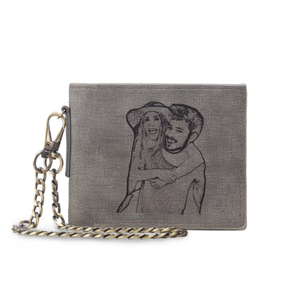 Men's Personalised Photo Engraved Grey Wallet With Chain